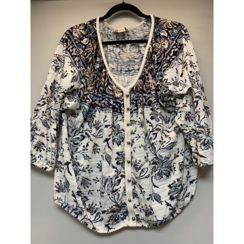 Lucky Brand Floral Paisley Top Women XL White Blue Excellent Boho Peasant Slub